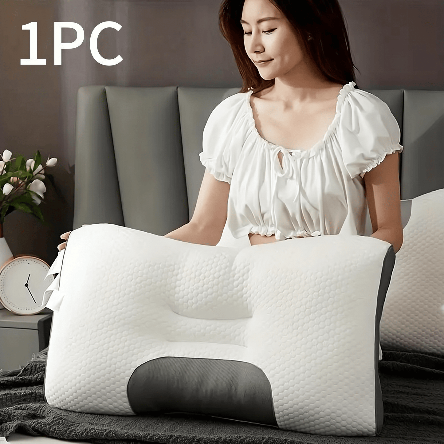 Ergonomic Cervical Pillow for Neck Pain Relief, 1000G Filling Vertebra Protection Sleep Massage Pillow, Breathable Knitted Bedding Pillow for Bedroom Living Room, White Grey, 1-Pack 2-Pack
