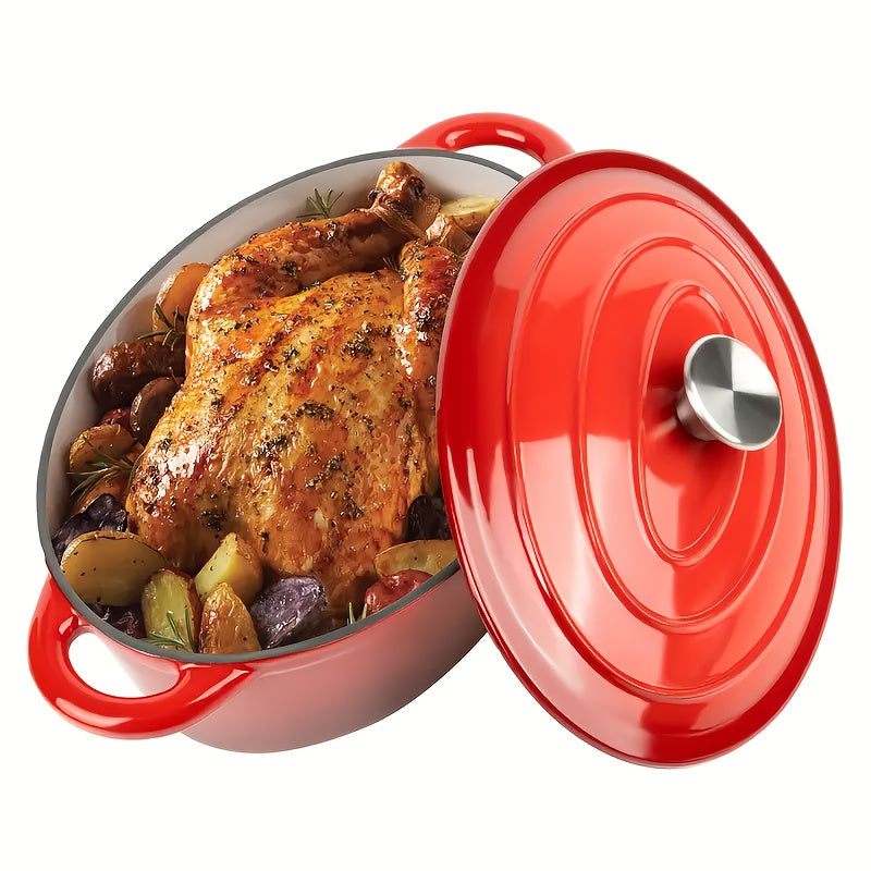 Enamel Oval Dutch Oven with Double Handles – Cast Iron Covered Pot for Baking Bread, Braising, Stewing & Frying, Non-Stick Enamel Coated Cookware for Home Kitchen
