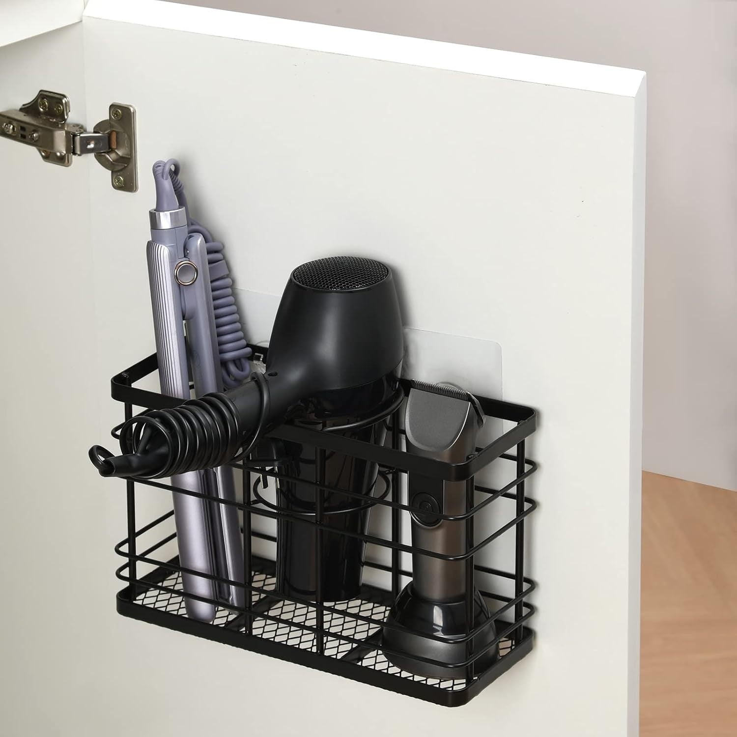Wall-Mounted Hair Dryer Holder with Non-Adhesive Stickers - Black Plastic, Space-Saving Organizer for Bathroom, Includes Clamp for Secure Installation, Features a Easy-Access Slot for Styling Tools, Shelves