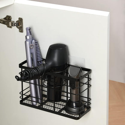 Wall-Mounted Hair Dryer Holder 3-in-1 Bathroom Organizer – Over Door & Wall Mount, Adjustable Height, Holds Dryer Curling Iron Straightener, Black