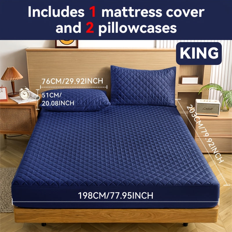 Waterproof Mattress Protector with Embossed Design – Non-Slip Thickened Cover, 21" Deep Pocket, Optional Pillowcase, Twin Full Queen King, 19 Colours