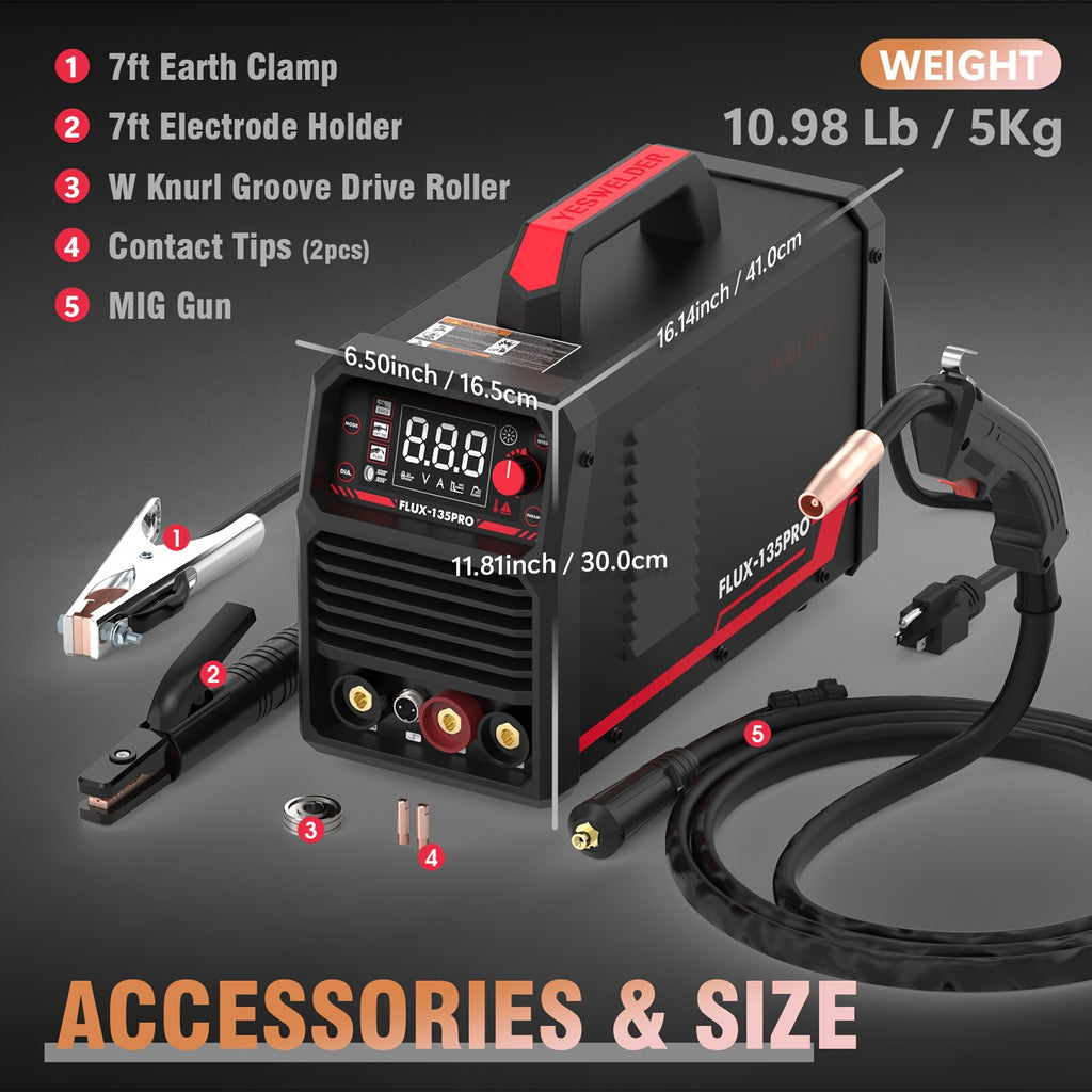 YESWELDER 135Amp Flux Core MIG/Stick Welder, 110V, Lift TIG Compatible, with IGBT Inverter, Large LED Display