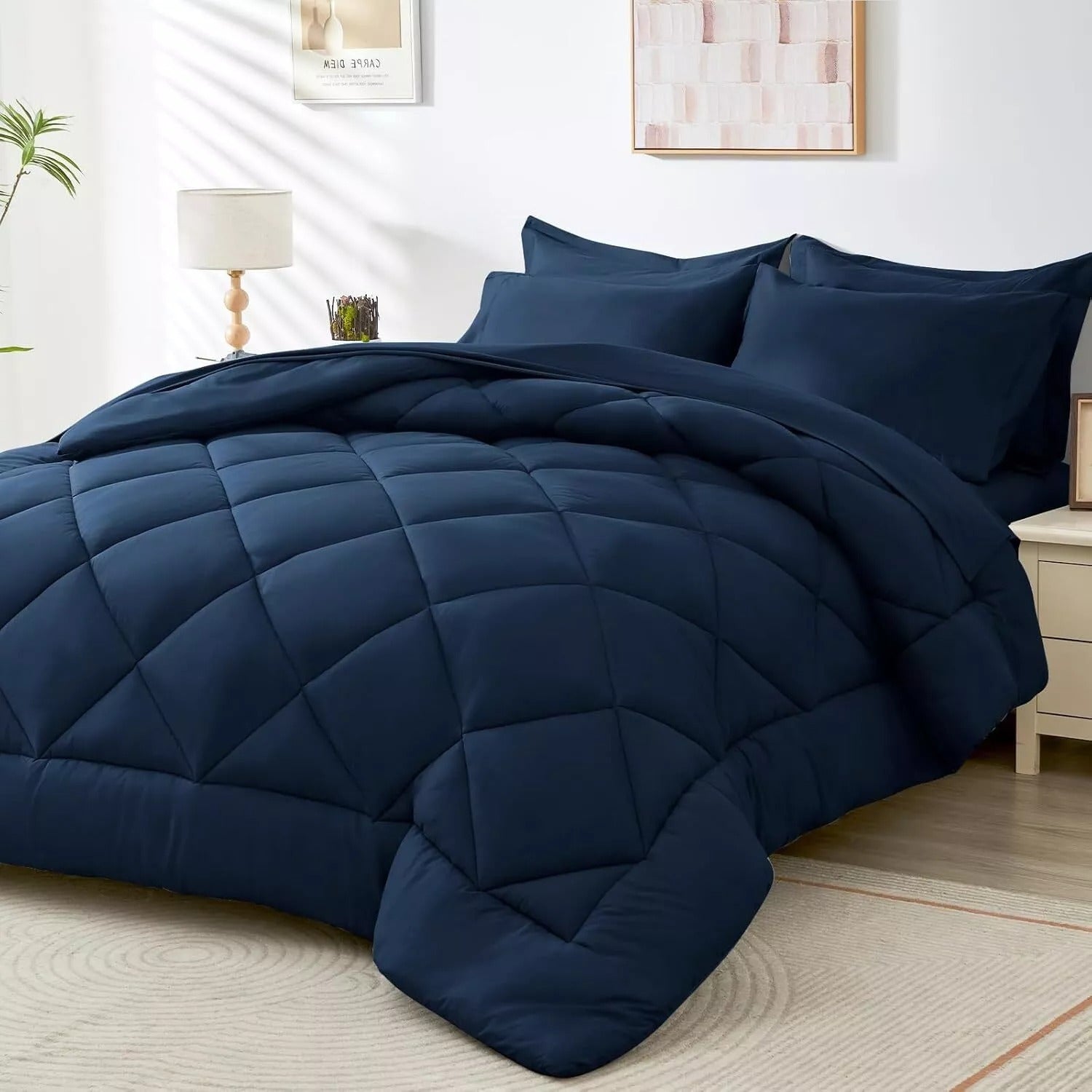 Navy Reversible Comforter Set 7pcs Queen – Fluffy Polyester Bed in a Bag, All-Season Bedding with Comforter, Fitted Sheet, Flat Sheet, Pillowcases & Shams