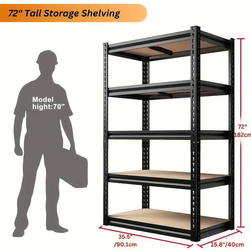 2000 lbs Capacity, 60"/72" 5-Tier Heavy-Duty Adjustable Garage Storage Rack, Black Polished Metal, Easy Assembly, Suitable for Closet, Pantry & Garage Organization, Industrial Shelving, Utility Rack, Utility Racks