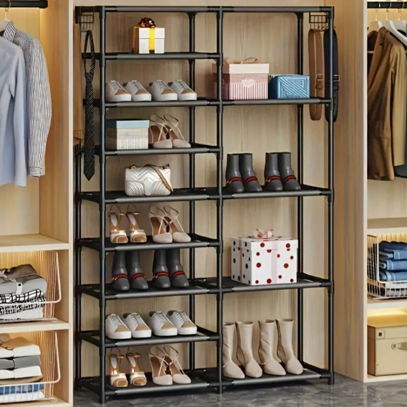 9-Tier Heavy-Duty Vertical Shoe Rack – Large Capacity 24-35 Pairs, Dual Row Multifunctional Hooks, Freestanding Black Shoe Organizer for Garage, Bedroom & Entryway | ShopVora CA