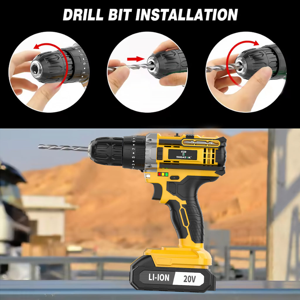 20V Cordless Drill Tool Set, Equipped with Drill and Electric Screwdriver, Speed and Torque Adjustment Function, Suitable for Home Improvement, Industrial Concrete Walls Wood and Metal, Effortless Hole Drilling and Screw Tightening