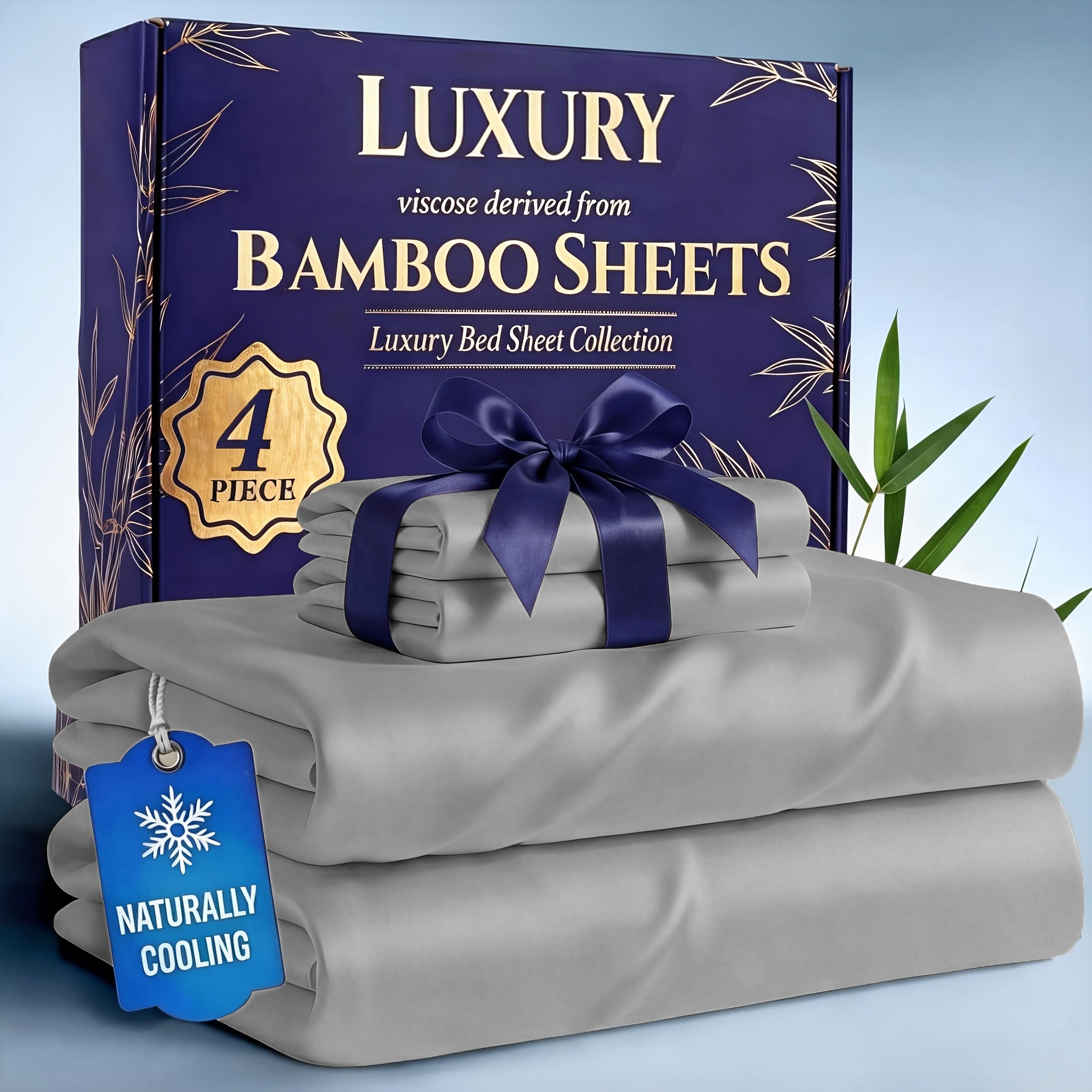 Bamboo Cooling Bed Sheets Set 4-Piece – Soft Lightweight Breathable Deep Pocket 16" Fitted Sheet for Hot Sleepers, Flat Sheet & 2 Pillowcases for Bedroom Kids Room