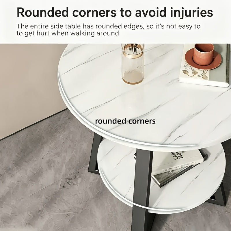Multi-Purpose 2-Tier Round Coffee Table with Heavy-Duty Construction And Smooth Marble Effect Top, Stylish Storage End Table for Living Room, Bedroom, Dorm, And Home Office