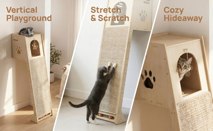 59-Inch Wall Mounted Cat Tree Tower for Large Cats & Kittens – Space-Saving Birch Wood Cat Furniture with Cave, Sisal Scratching Board & Interactive Toys for Small Apartments