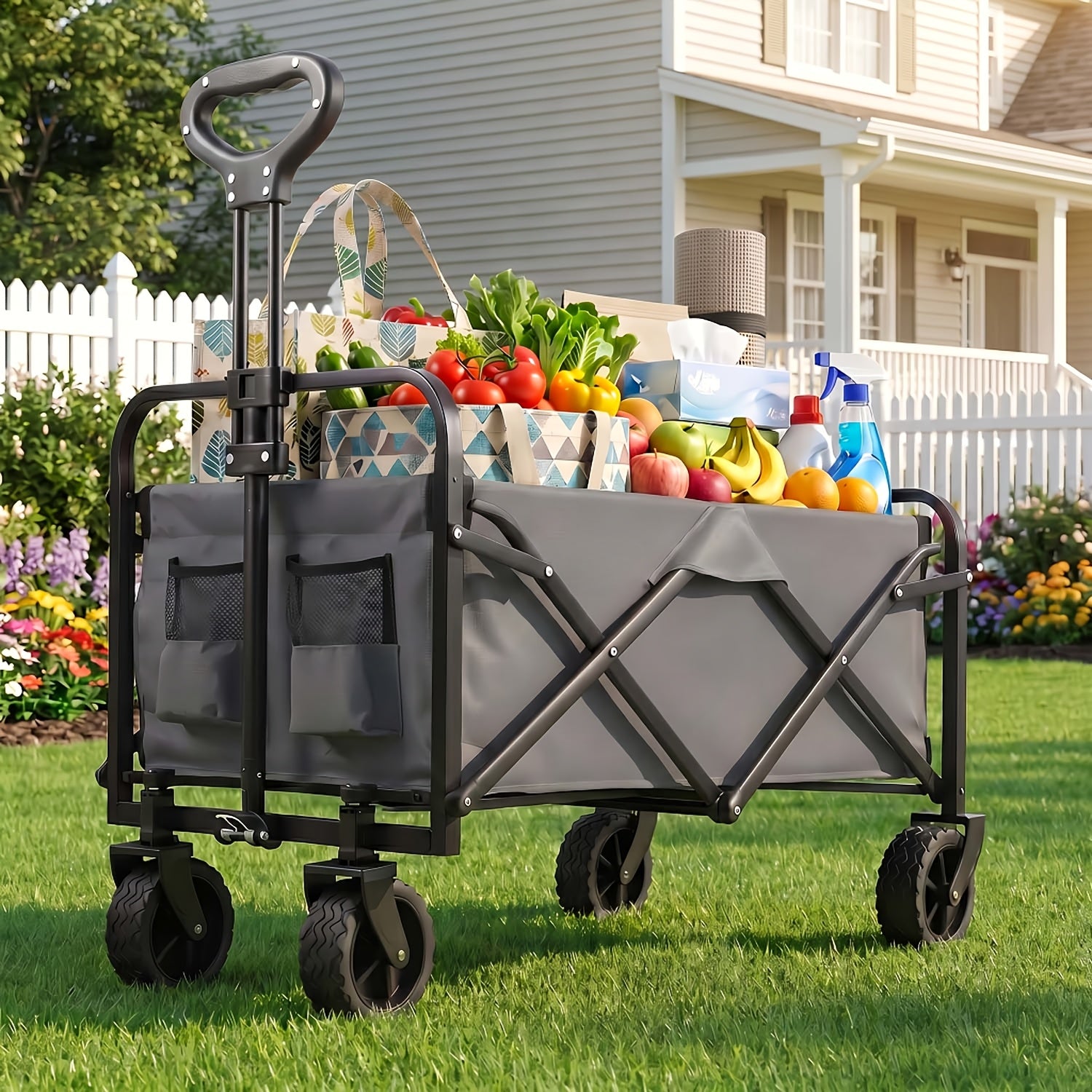 Folding Wagon Cart Collapsible All-Terrain Wheels – Heavy Duty Utility Garden Wagon for Camping, Beach, Gardening & Outdoor Use