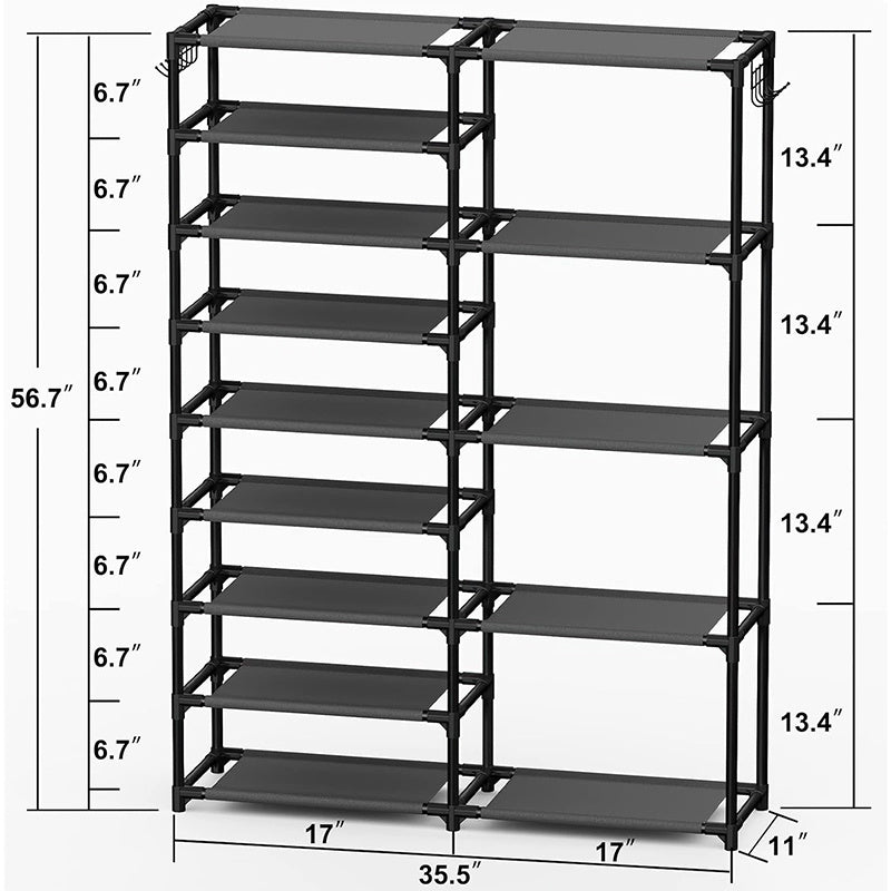9-layer shoe rack, large capacity independent shoe rack, suitable for garages, bedrooms, and entrances, heavy-duty vertical shoe rack with two rows of multifunctional hooks, black shoe rack, can store 24-35 pairs of shoes