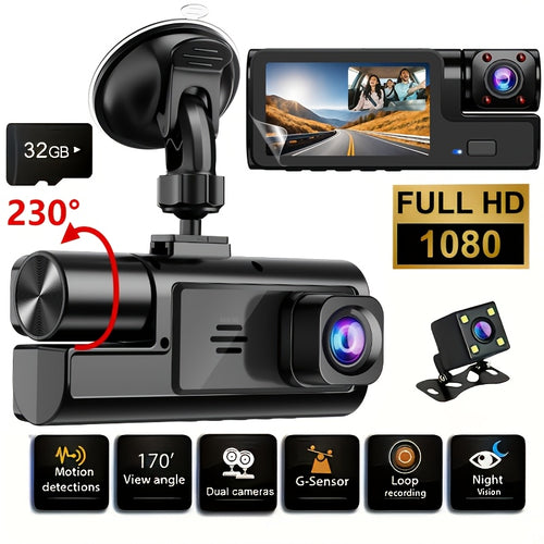 3-Lens Dash Cam with Front Inside Cabin & Rear Reversing Camera – WiFi, 1080P, Night Vision, G-Sensor, Loop Recording, Parking Monitor – Taxi Truck SUV Rideshare Car Accessory, 16GB/32GB