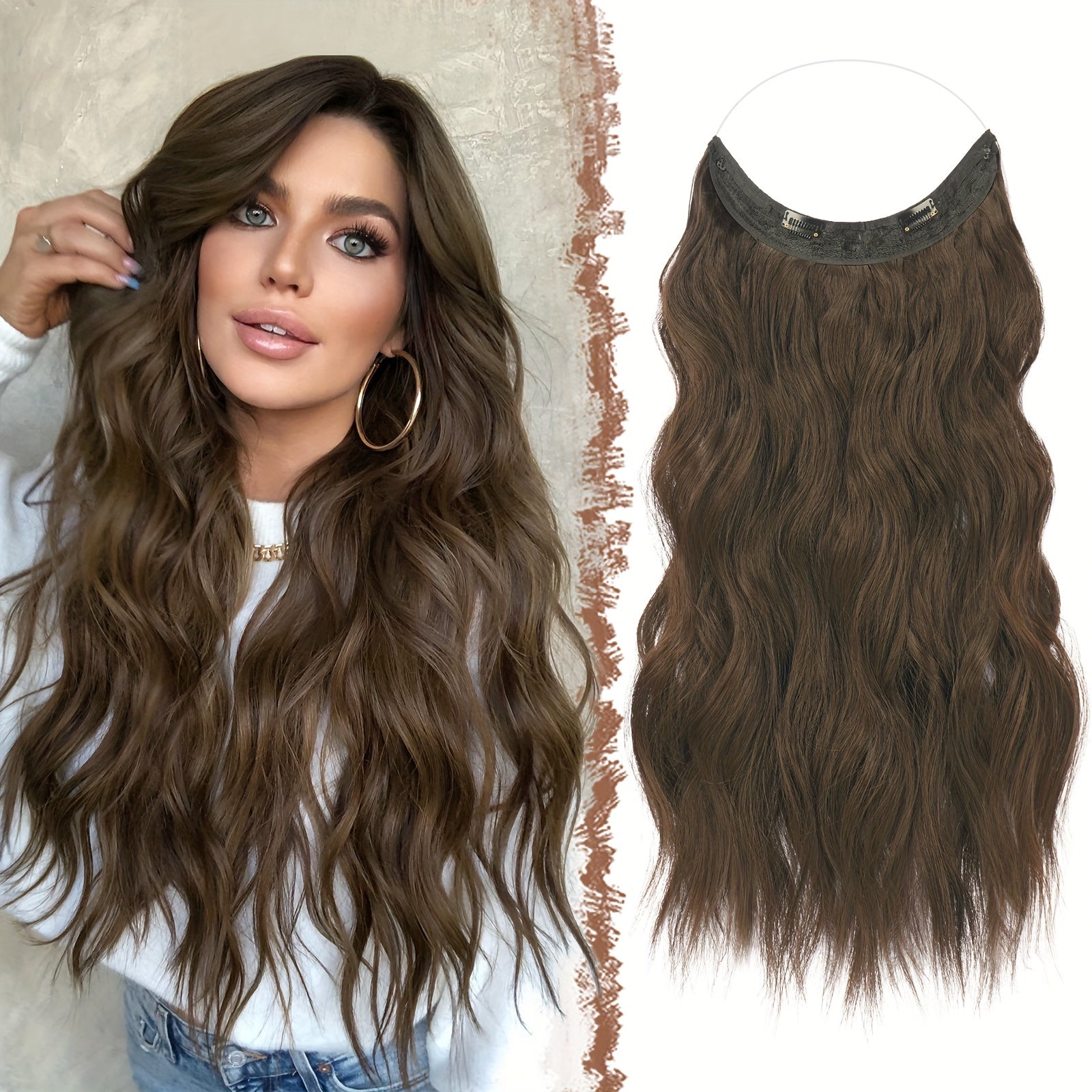 FESHFEN Invisible Wire Hair Extensions with Transparent Wire Synthetic Hair Piece Long Wavy Secret Headband Hairpieces for Women 20 Inch Dark Ash Blonde Mixed Bleach Blonde