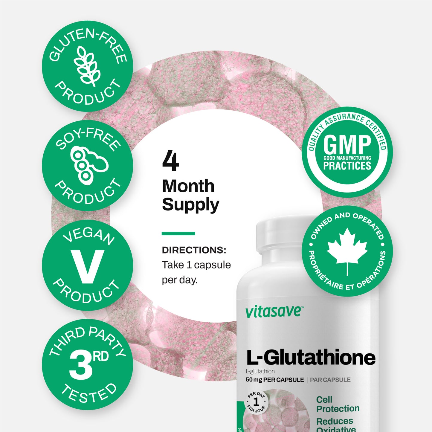 L-Glutathione Supplement 50mg – Antioxidant for Immune Support, Liver Health & Skin Brightening, Vegan, Non-GMO, Gluten-Free, Third-Party Tested, Made in Canada – 120 Capsules (4-Month Supply)