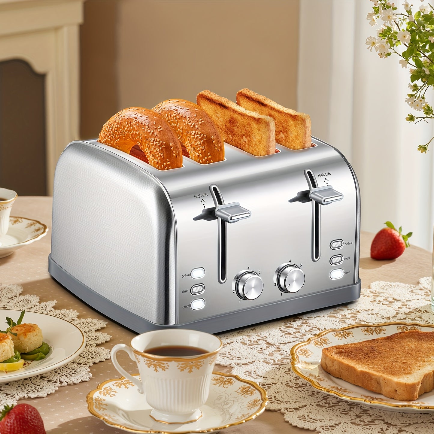 4-Slice Toaster with Warming Rack & High Lift Lever – Stainless Steel, Extra Wide Slots, 7 Shade Settings, Bagel & Muffin Function, Removable Crumb Tray, Silver | Canada