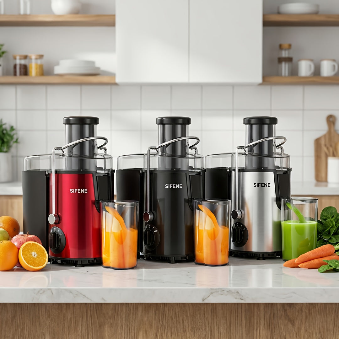 SiFENE Small Stainless Steel Centrifugal Juicer Machine for Fresh Fruit & Vegetable Juices - Easy-Clean, Home Kitchen Essential for Healthy Diets & Fitness Lifestyles, - Perfect for Juices, Sorbet, Milk Shakes, Ice Slushies, and Smoothies, Gray.
