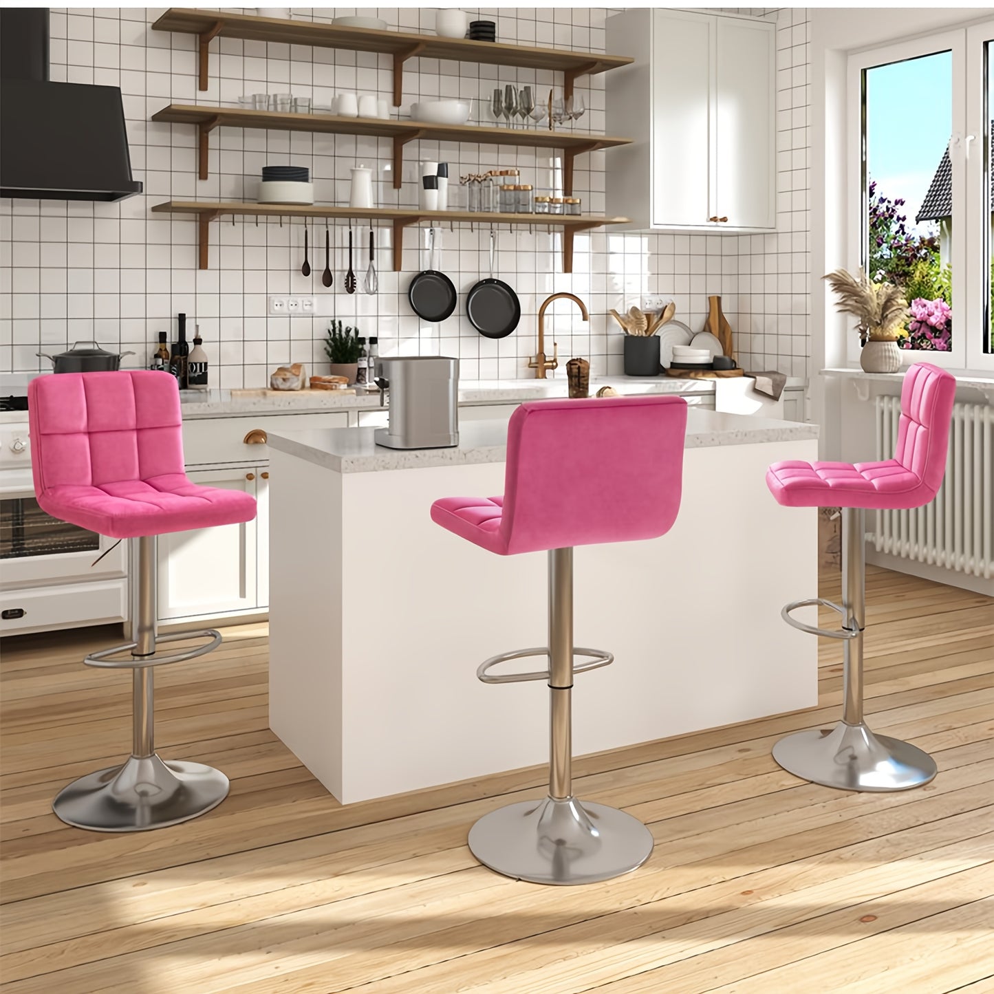 Square Seat PU Leather Bar Stools Set of 2 – Armless Swivel Adjustable Height Counter Chairs, Modern Kitchen Island & Dining Room Stools for Cafe Pub Home – GUNJI, Black White Red