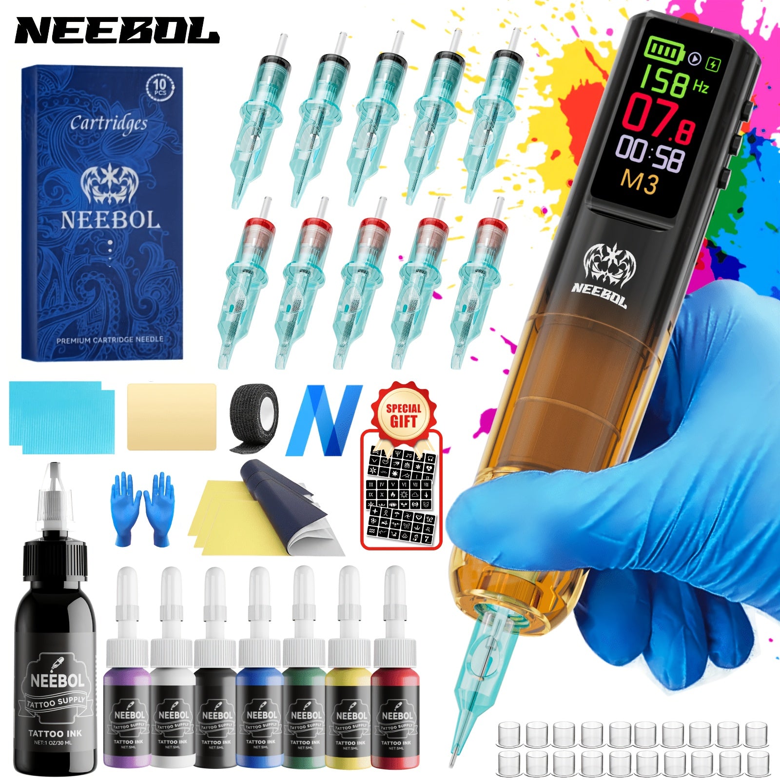 Wireless Tattoo Machine Kit for Beginners & Artists – Rotary Cordless Tattoo Pen Gun with 1500mAh Battery, 10 Cartridge Needles, 7 Inks & Extra Black Ink – Complete Body Art Tattoo Supply Set