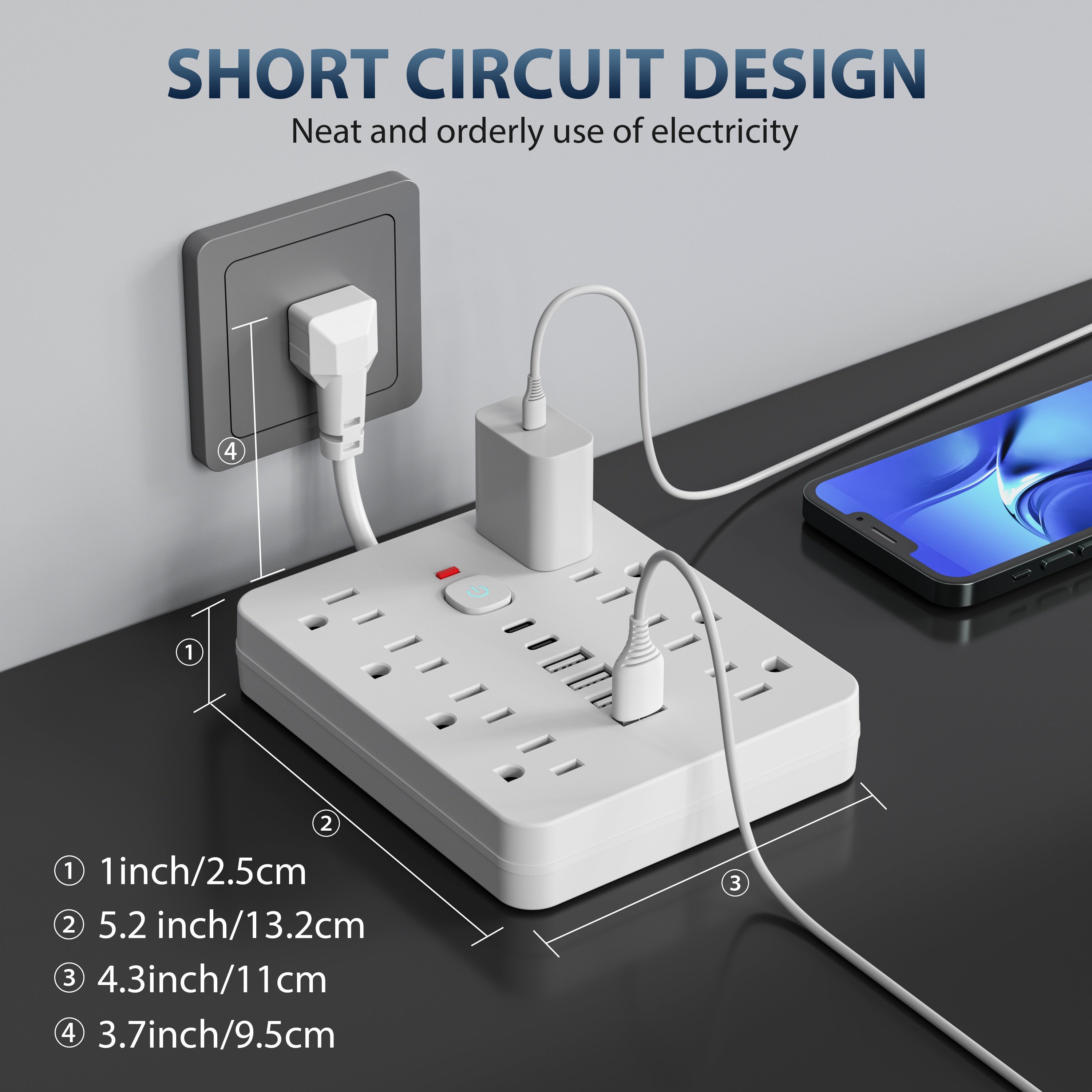 14-in-1 Power Strip Wall Mount – 8 Spacious AC Outlets, 6 USB Ports (2 USB-C), Overload Protection, One-Touch Master Switch, Extension Cord for Home Office & Den