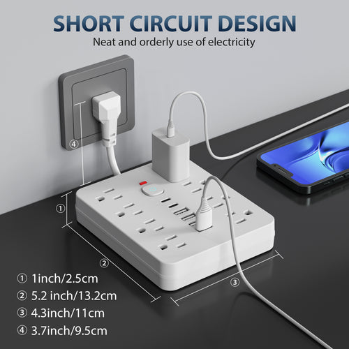 14-in-1 Power Strip Wall Mount – 8 Spacious AC Outlets, 6 USB Ports (2 USB-C), Overload Protection, One-Touch Master Switch, Extension Cord for Home Office & Den