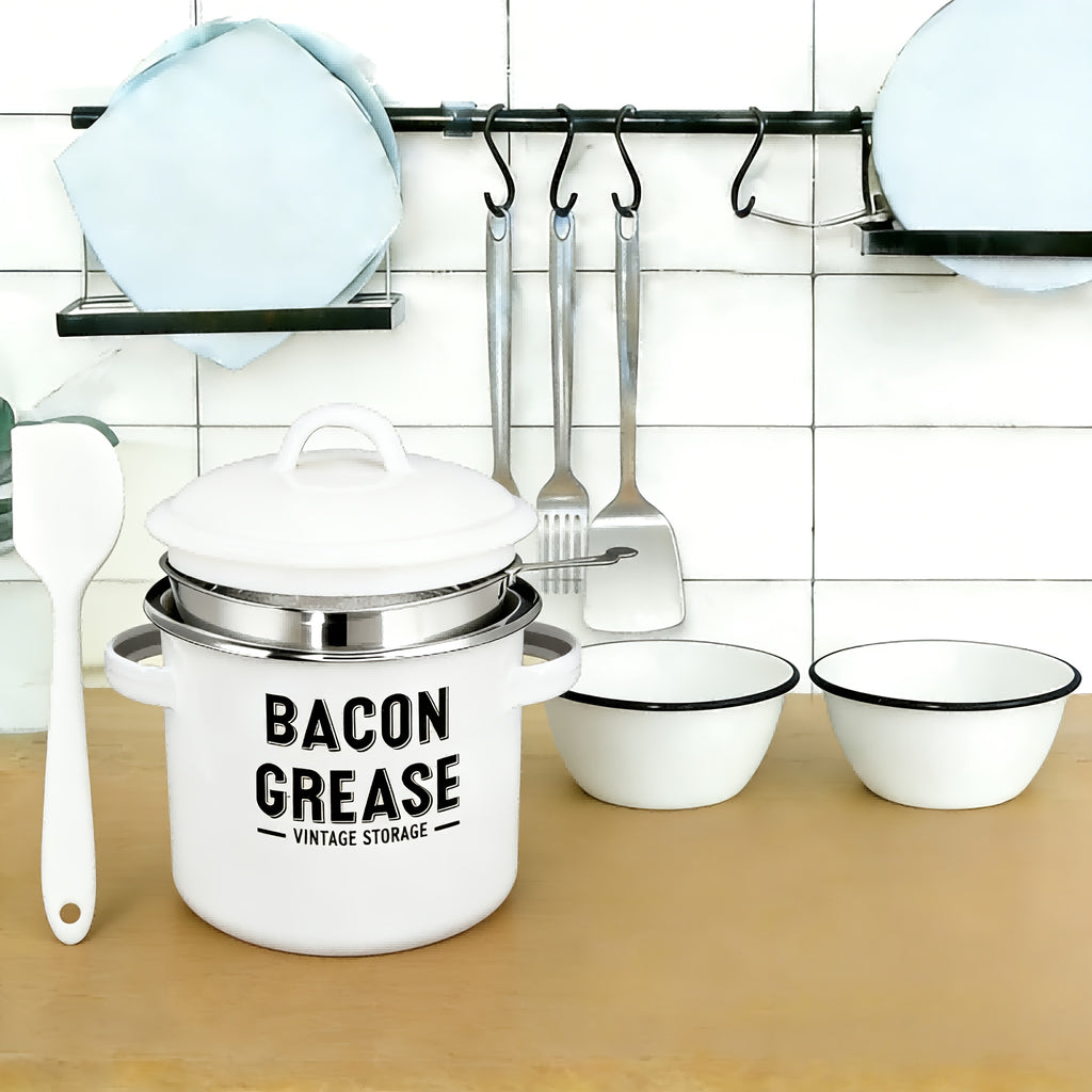 Grease Container with Strainer 46oz Cooking Oil Storage Jar with Lid, Scraper & Filter Mesh – Farmhouse Kitchen Bacon Fat Keeper, Large Grease Pot for Home Cooking, Gift for Moms & Food Lovers Canada