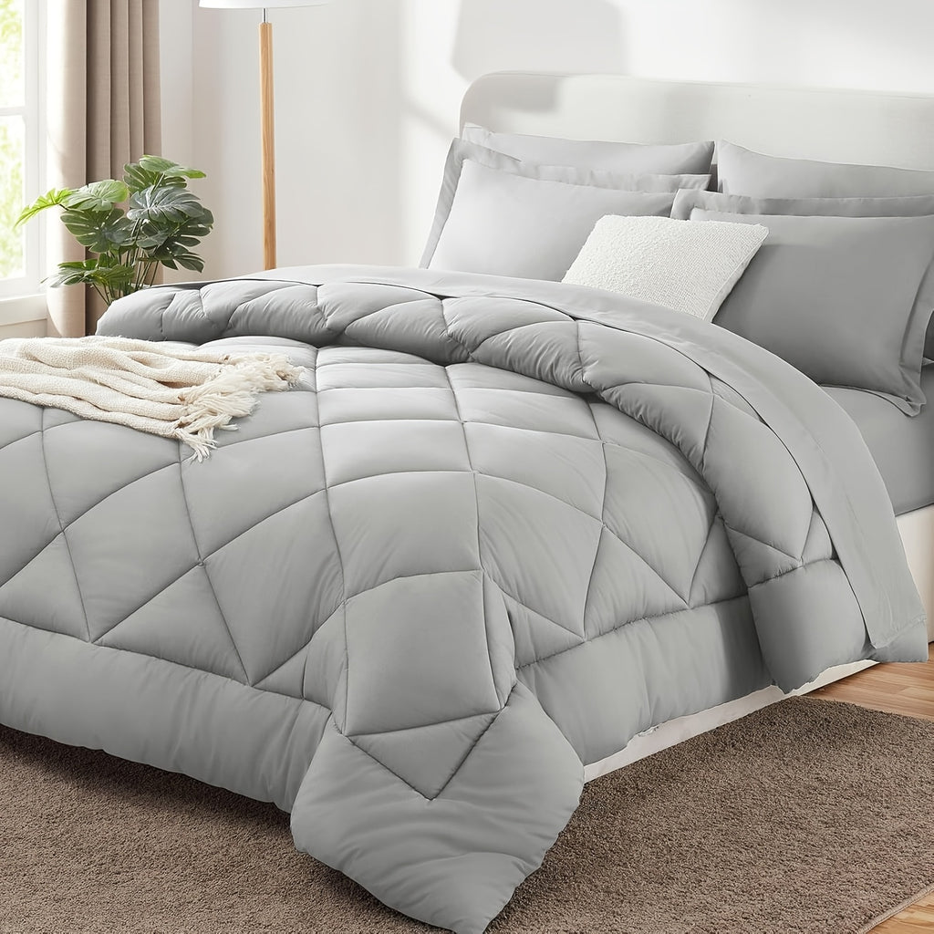 Quilted Comforter Bed-in-a-Bag Set 7pcs – Soft Brushed Microfiber Box Stitch Pattern, All-Season Bedding Ensemble with Comforter, Flat Sheet, Fitted Sheet & Pillowcases