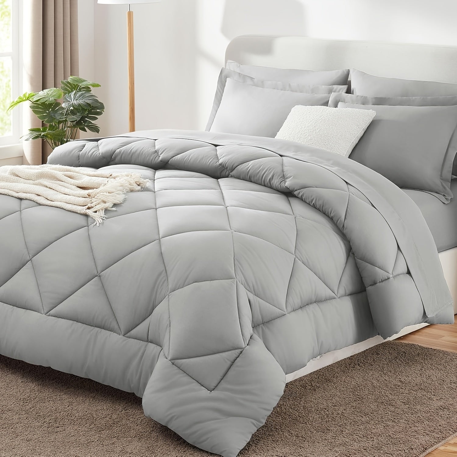 Quilted Comforter Bed-in-a-Bag Set 7pcs – Soft Brushed Microfiber Box Stitch Pattern, All-Season Bedding Ensemble with Comforter, Flat Sheet, Fitted Sheet & Pillowcases