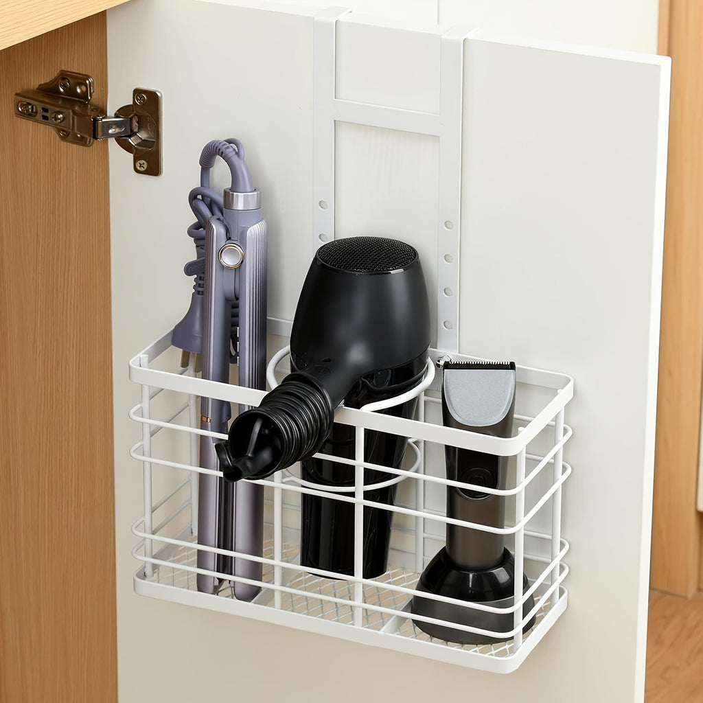 Wall-Mounted Hair Dryer Holder 3-in-1 Bathroom Organizer – Over Door & Wall Mount, Adjustable Height, Holds Dryer Curling Iron Straightener, Black