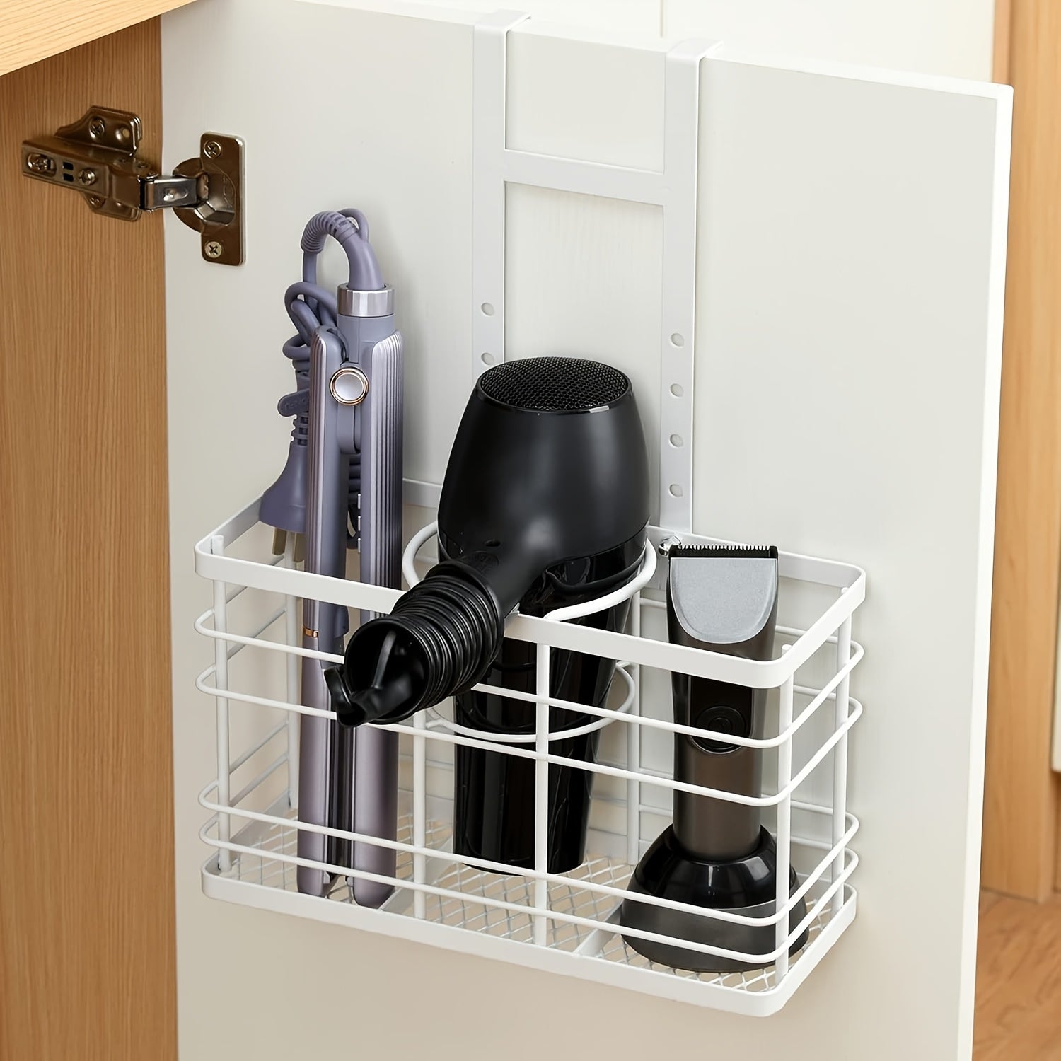 Wall-Mounted Hair Dryer Holder 3-in-1 Bathroom Organizer – Over Door & Wall Mount, Adjustable Height, Holds Dryer Curling Iron Straightener, Black