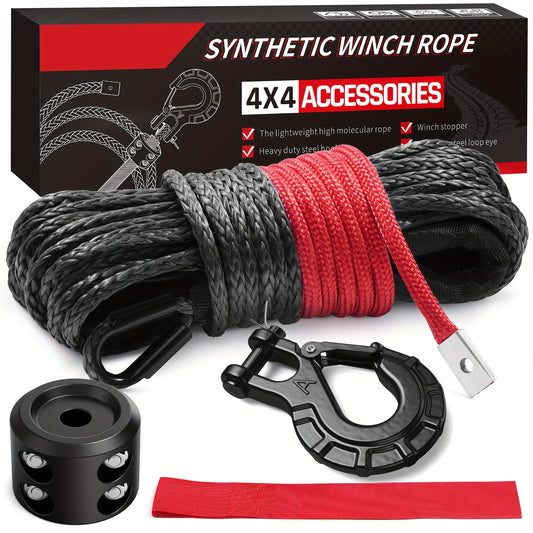 Synthetic Winch Rope Kit, 1/4" X 50Ft 9, 650Lbs Winch Cable with Steel Hook, Protective Sleeve And Winch Cable Stopper for ATV UTV Off-Road Vehicle Etc