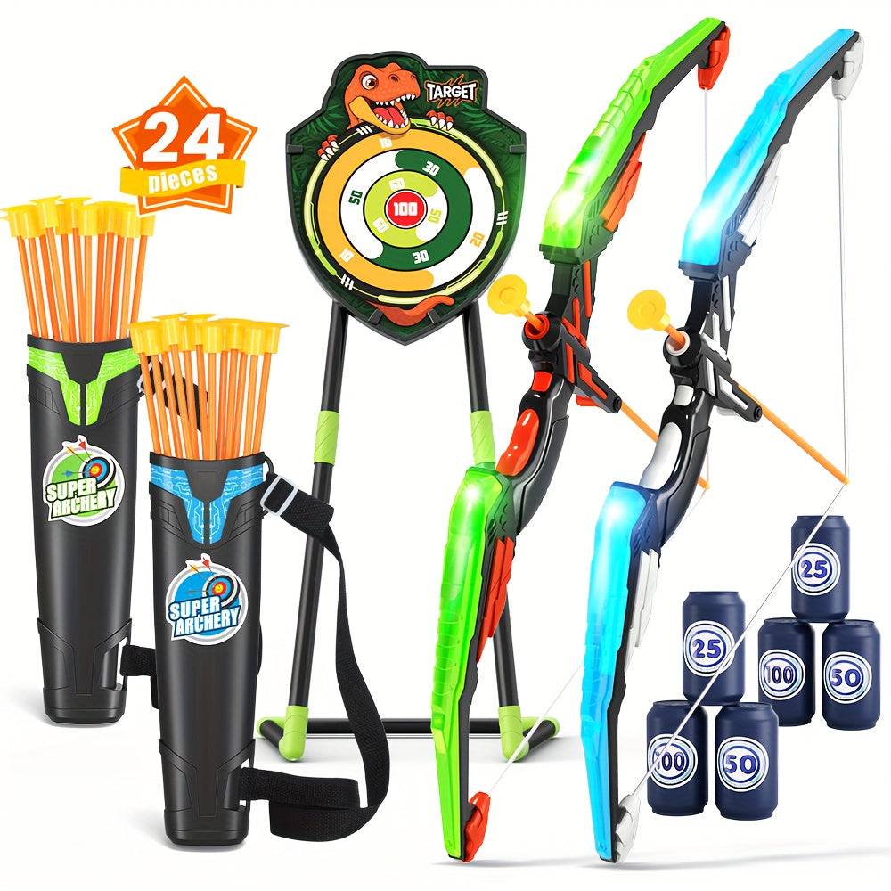 Bow and Arrow Archery Toy Set for Kids – 2 Bows, 24 Suction Cup Arrows & 29" Illuminated Dart Board, Indoor Outdoor Gift for Boys & Girls Ages 3-12
