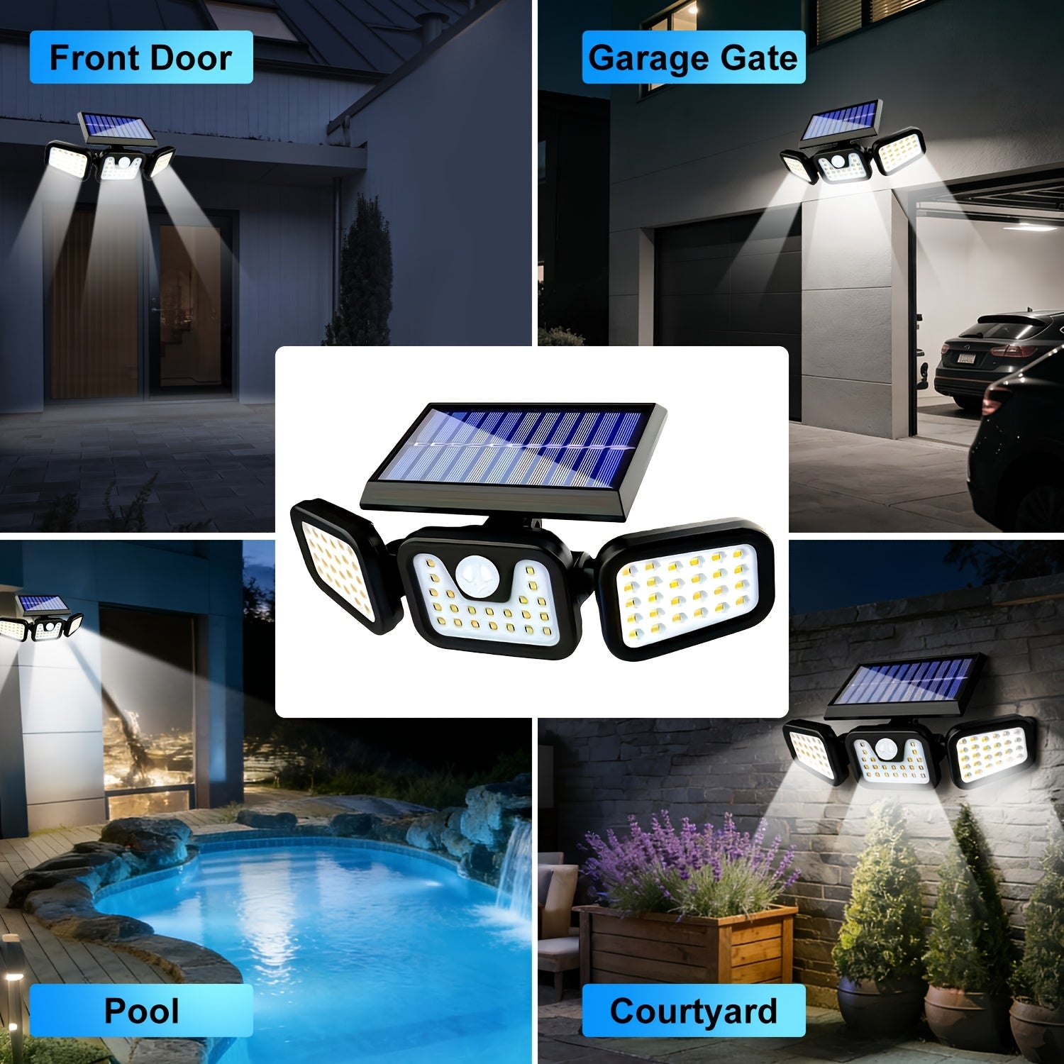 (1/2 Pack) Solar Outdoor Three-Head Sensor Wall Light, Solar Fence Light, [74 Leds/3 Modes] 270° Wide-Angle Lighting, IP65 Outdoor Light, Suitable for Garden, Courtyard, Street, Garage, Terrace And Porch Lighting