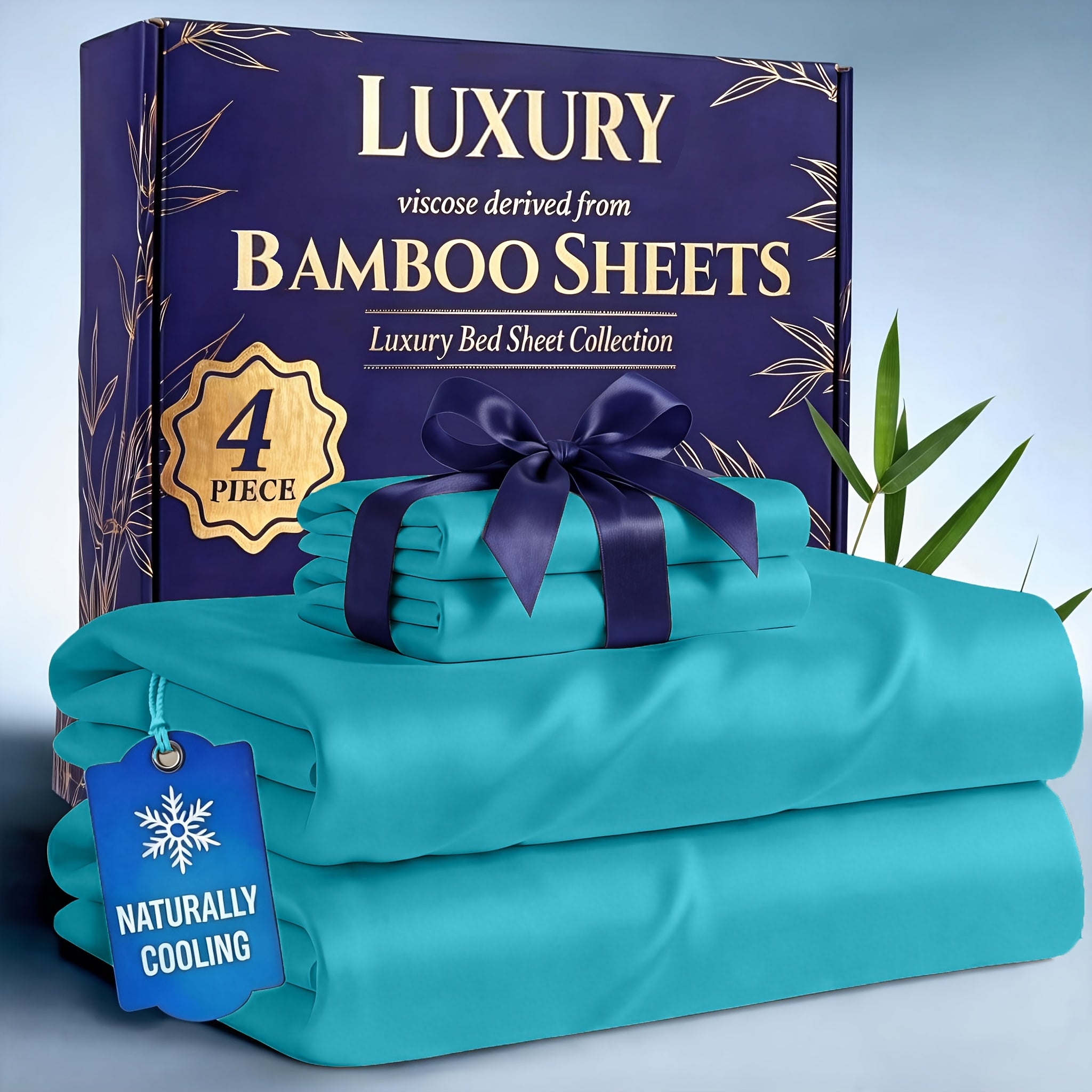 Bamboo Cooling Bed Sheets Set 4-Piece – Soft Lightweight Breathable Deep Pocket 16" Fitted Sheet for Hot Sleepers, Flat Sheet & 2 Pillowcases for Bedroom Kids Room