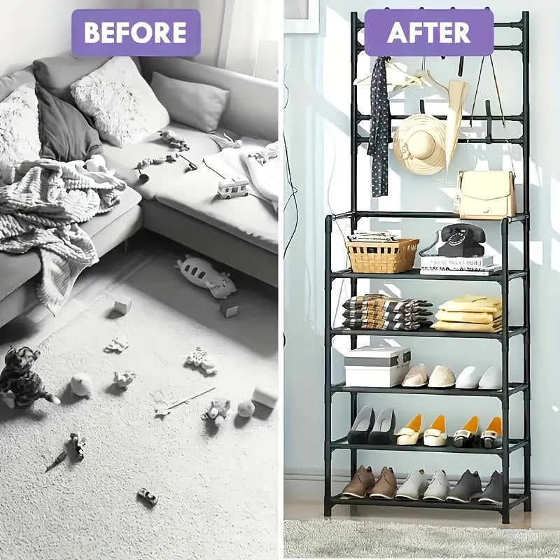 23.62 Inch/172cm 5-Tier Multi-Functional Storage Rack with 8 Double Hooks, Multi-Functional Clothes Hanger and Shoe Rack, Self-Assembly Shoe Rack Storage Box for Living Room, Bathroom, Hallway