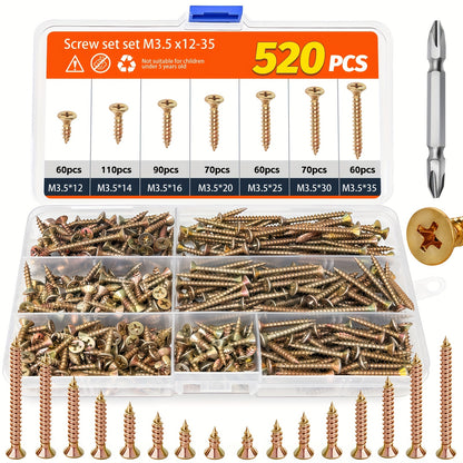 520pcs Countersunk Self-Tapping Screw Set – M3.5 Multi-Size 12–35mm, Colour-Coded Phillips Head, Includes Screwdriver Bit, for Industrial, Home & Furniture Applications | ShopVora CA
