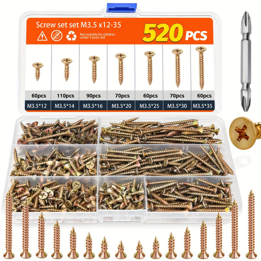 520pcs Countersunk Self-Tapping Screw Set, M3.5/12/14/16/20/25/30/35mm Multi-Size Dimensions, Color Phillips Head Design - Includes Screwdriver Bit, Multi-Functional And Durable, Suitable for Industrial, Home, And Furniture Applications