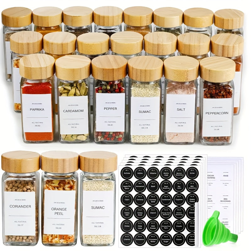 Glass Spice Jars with Bamboo Lids & Labels – 12 or 24 Pack Thickened Seasoning Containers with Silicone Funnel, Airtight Kitchen Spice Bottles for Pantry Organization