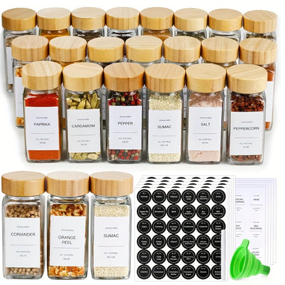 Glass Spice Jars with Bamboo Lids & Labels – 12 or 24 Pack Thickened Seasoning Containers with Silicone Funnel, Airtight Kitchen Spice Bottles for Pantry Organization