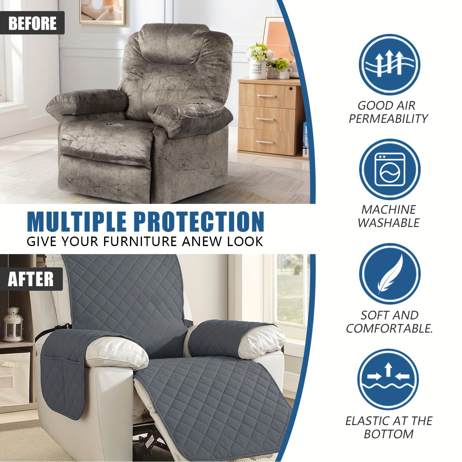 1pc 100% Modern Recliner Chair Cover, Non Slip Recliner Covers for Recliner Chair with Pocket, Pet-Friendly Sofa Protector, Machine Washable, with Drawstring Closure for Armchair to 4-Seater Sectionals for Office House Halloween Decor