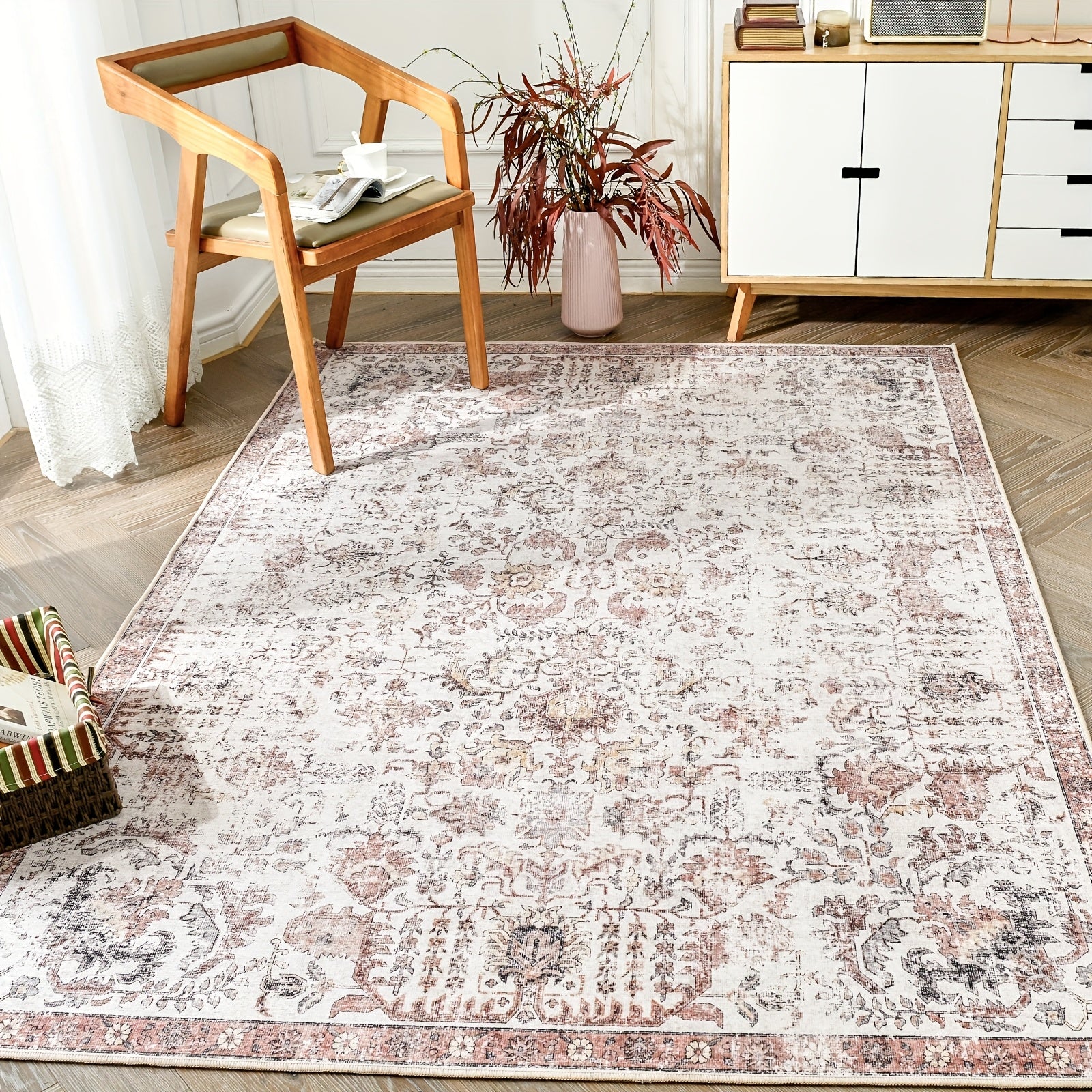 Vintage Boho Distressed Floral Area Rug – Machine Washable, Non-Slip Backing, Stain Resistant – Retro Oversized Accent Carpet for Living Room, Bedroom, Kitchen & Dining Room