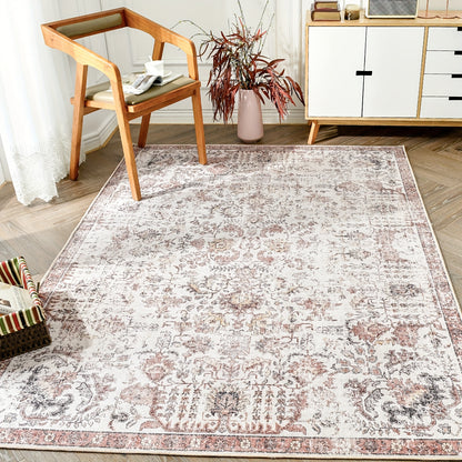 Vintage Boho Distressed Floral Area Rug – Machine Washable, Non-Slip Backing, Stain Resistant – Retro Oversized Accent Carpet for Living Room, Bedroom, Kitchen & Dining Room