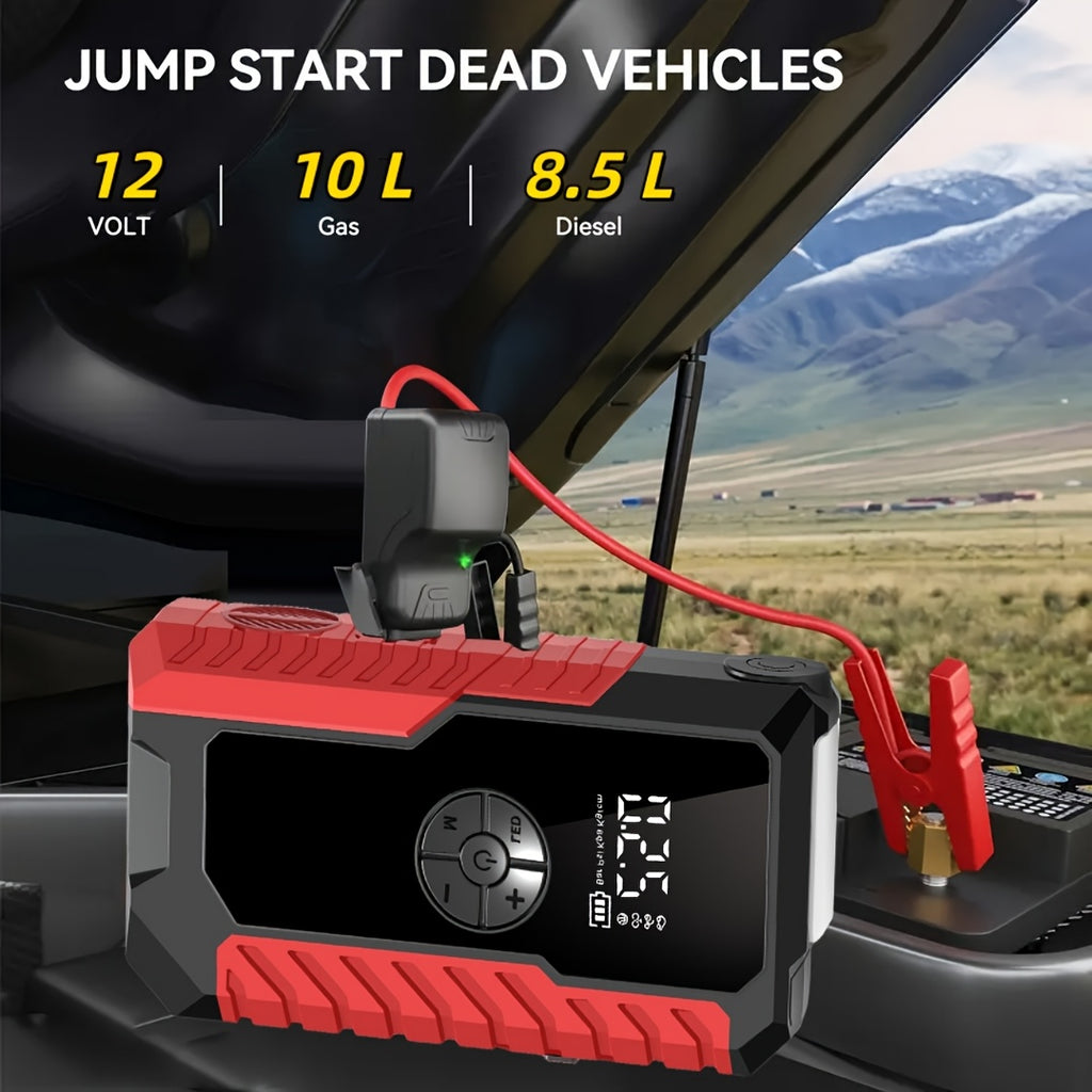 Portable Car Emergency Starter Power Supply | 12V Car Battery Charger With Optional 150Psi Air Pump, Led Light, Usb Type-C And Usb Output, Rechargeable Lithium Polymer Battery, Digital Display, Various Styles