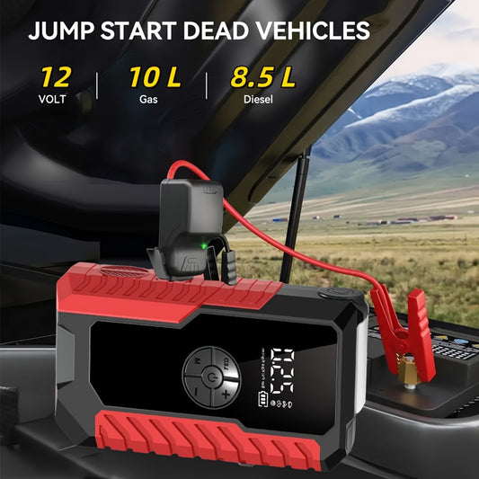 Portable Car Emergency Starter Power Supply | 12V Car Battery Charger With Optional 150Psi Air Pump, Led Light, Usb Type-C And Usb Output, Rechargeable Lithium Polymer Battery, Digital Display, Various Styles