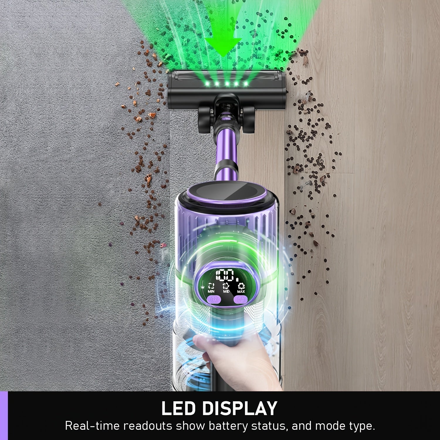 Cordless Vacuum Cleaner, 10in 1 Powerful Stick Vacuum, with Anti-Tangle Brush And Upgraded Green Light, 45mins Runtime Rechargeable Lightweight Vacuums for Hardwood Floor, Carpet, Pet Hair
