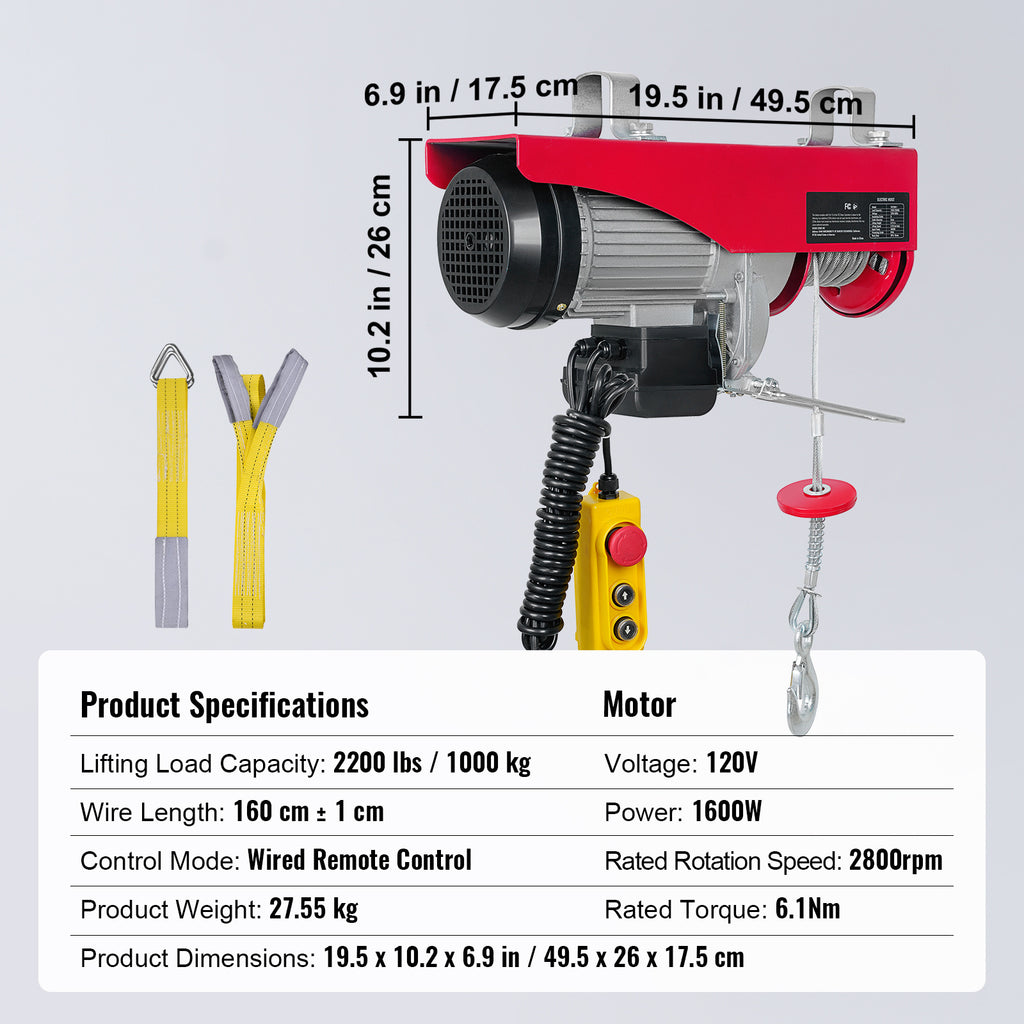 VEVOR Electric Hoist, 440-2200lbs Lifting Capacity, Electric Steel Wire Winch with 14ft Wired Remote Control, 40ft Single Cable Lifting Height & Pure Copper Motor, for Garage Warehouse Factory