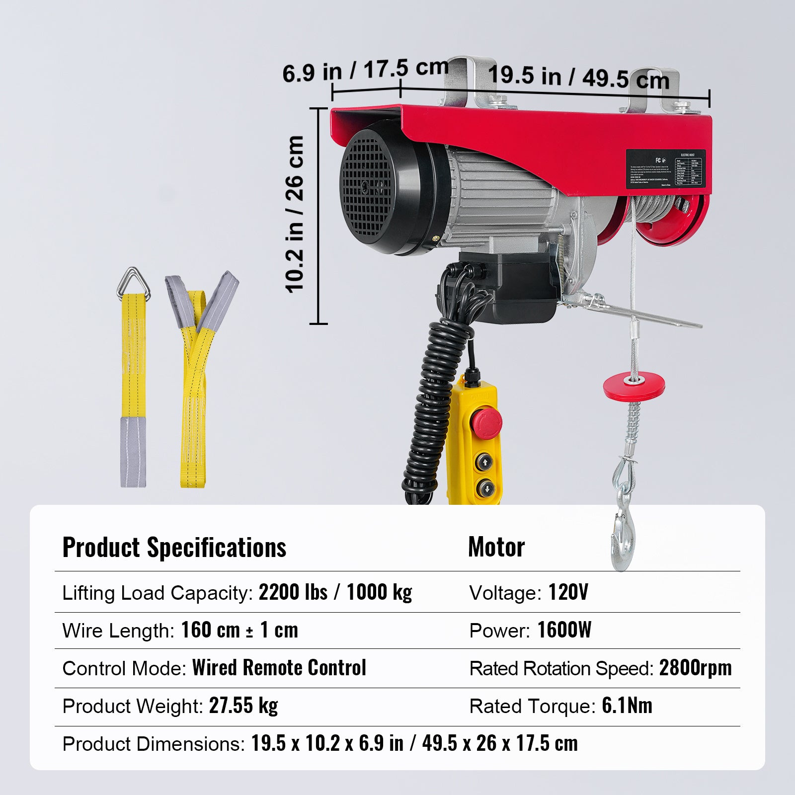 VEVOR Electric Hoist, 440-2200lbs Lifting Capacity, Electric Steel Wire Winch with 14ft Wired Remote Control, 40ft Single Cable Lifting Height & Pure Copper Motor, for Garage Warehouse Factory
