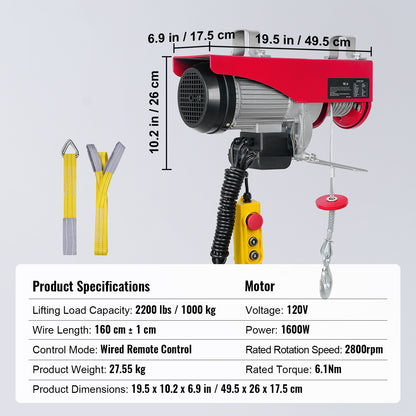 Electric Hoist 440–2200 lbs Lifting Capacity – Steel Wire Winch, Pure Copper Motor, 14ft Wired Remote Control, 40ft Cable, for Garage, Warehouse & Factory | ShopVora CA