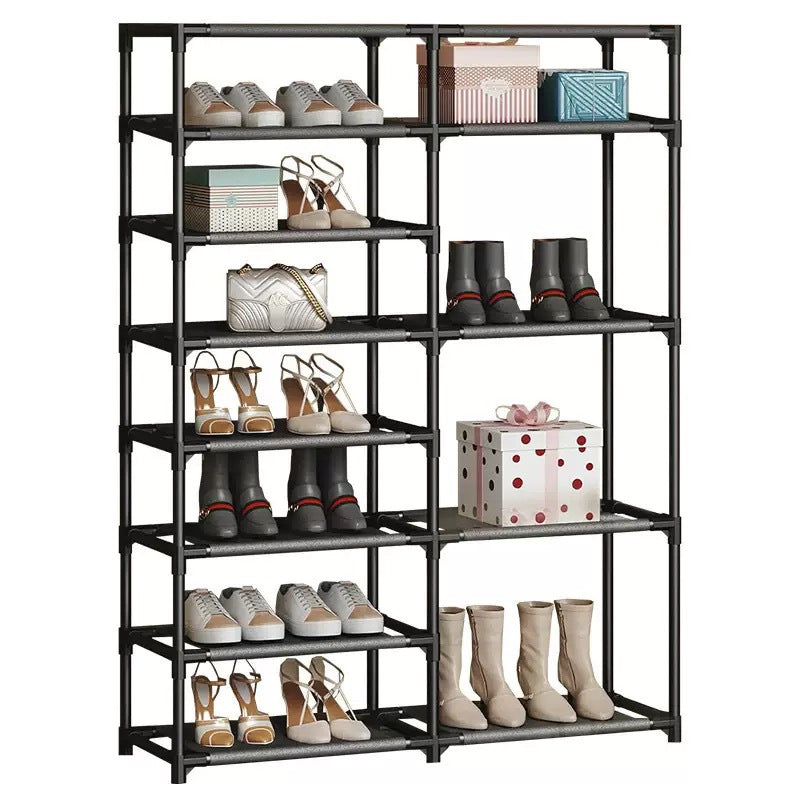 9-layer shoe rack, large capacity independent shoe rack, suitable for garages, bedrooms, and entrances, heavy-duty vertical shoe rack with two rows of multifunctional hooks, black shoe rack, can store 24-35 pairs of shoes
