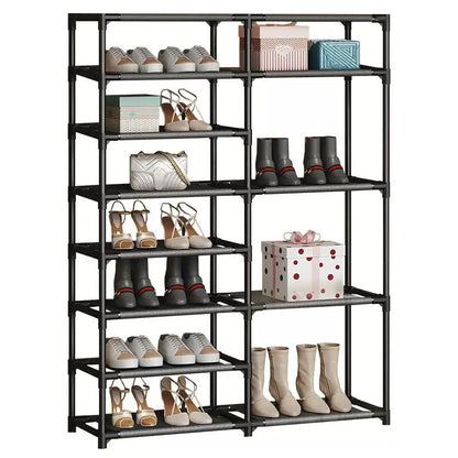 9-Tier Heavy-Duty Vertical Shoe Rack – Large Capacity 24-35 Pairs, Dual Row Multifunctional Hooks, Freestanding Black Shoe Organizer for Garage, Bedroom & Entryway | ShopVora CA