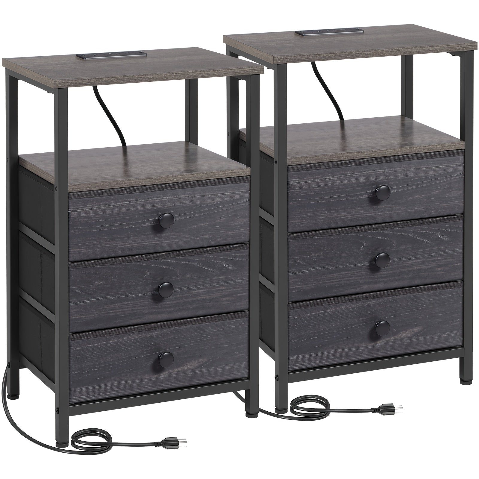 AMHANCIBLE Nightstand with Charging Station & 3 Fabric Drawers - Modern Bedside Table Set of 1 or 2, Spring Design, Bedroom & Living Room End Table Storage